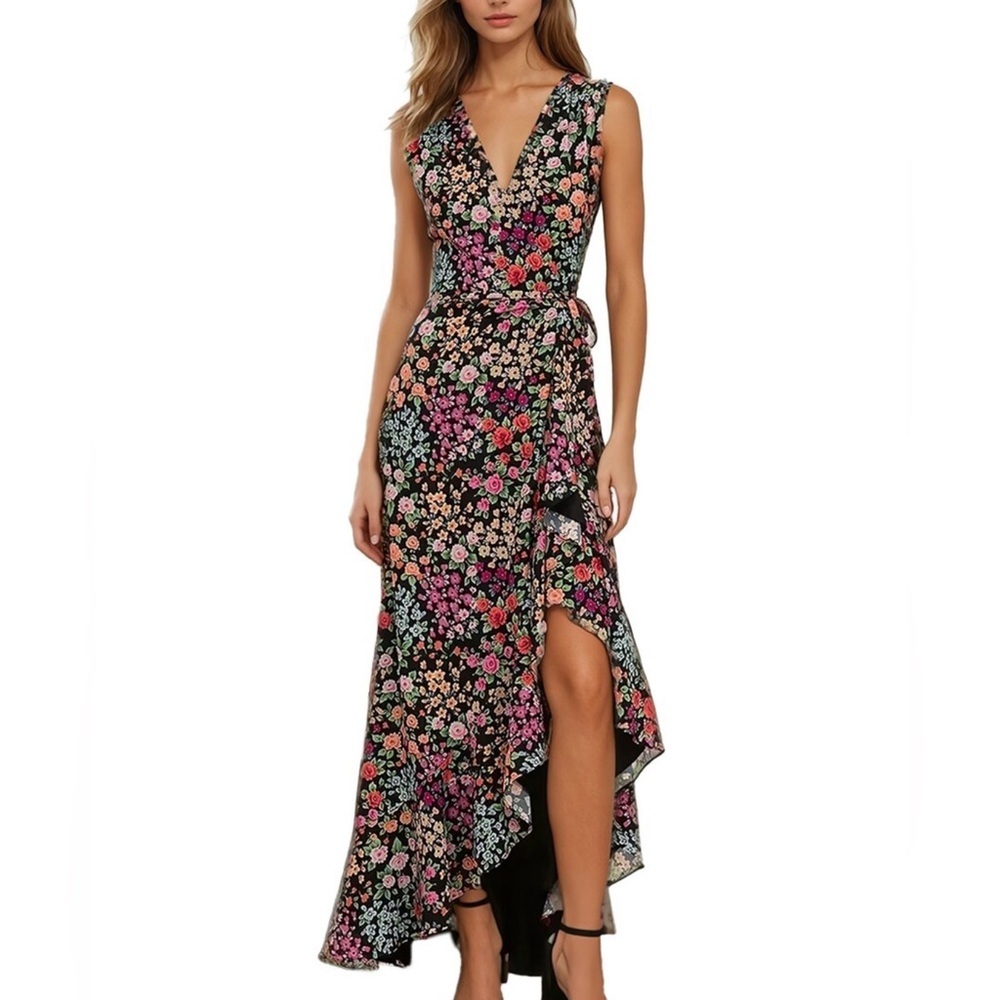 Yumi Kim Black Floral Maxi Dress with Pink, Coral & Blue Flowers